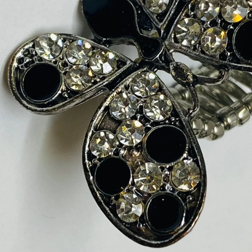 Ring Stretch Butterfly Shape Women Rhinestone Accents Enamel Silver Color Metal - Picture 4 of 16